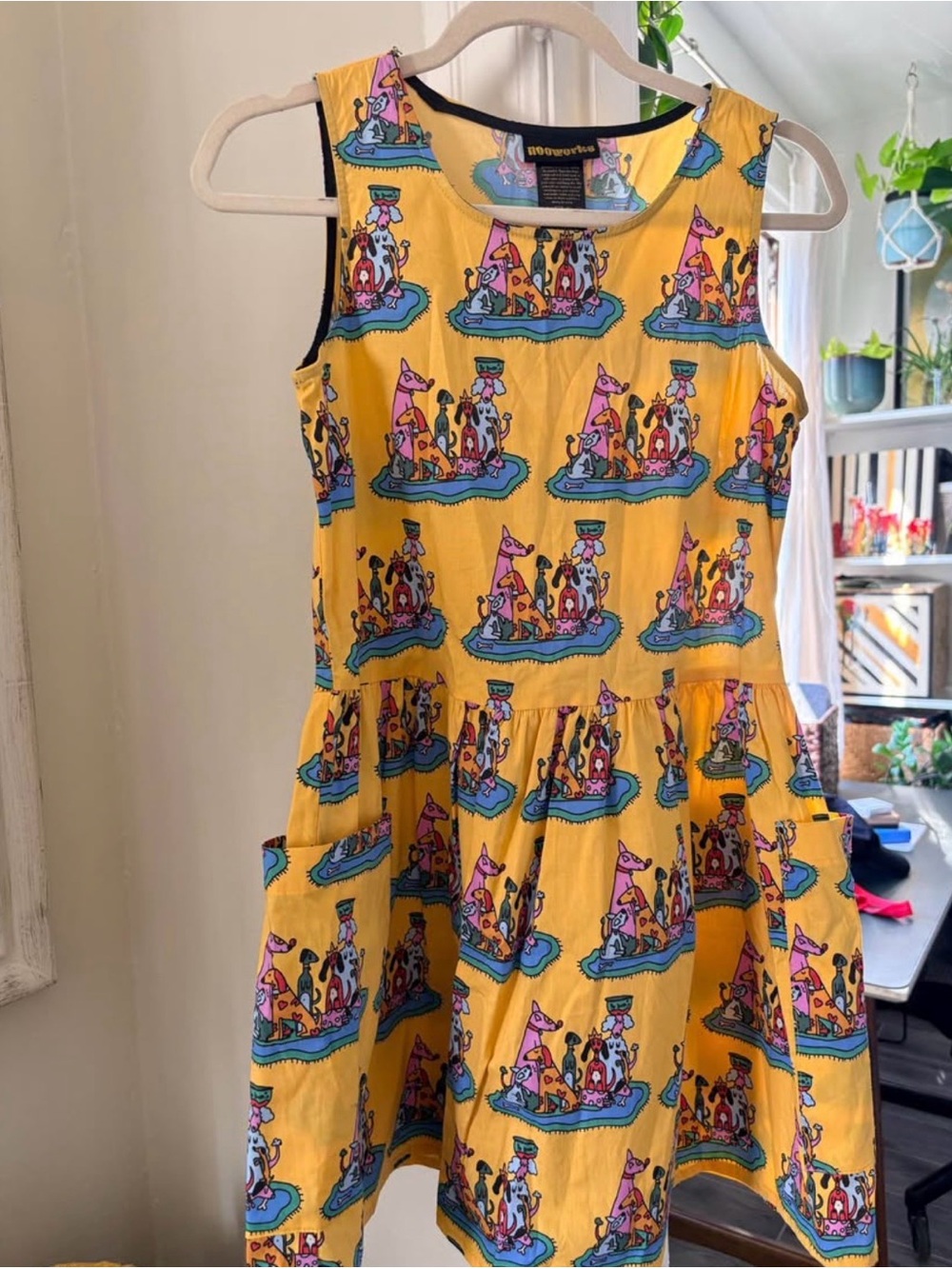 Nooworks Dog Party Yellow Sleeveless Dress with Pockets